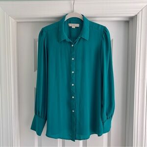 LOFT Teal/Green Button-Down Women's Shirt with Puffed Sleeves